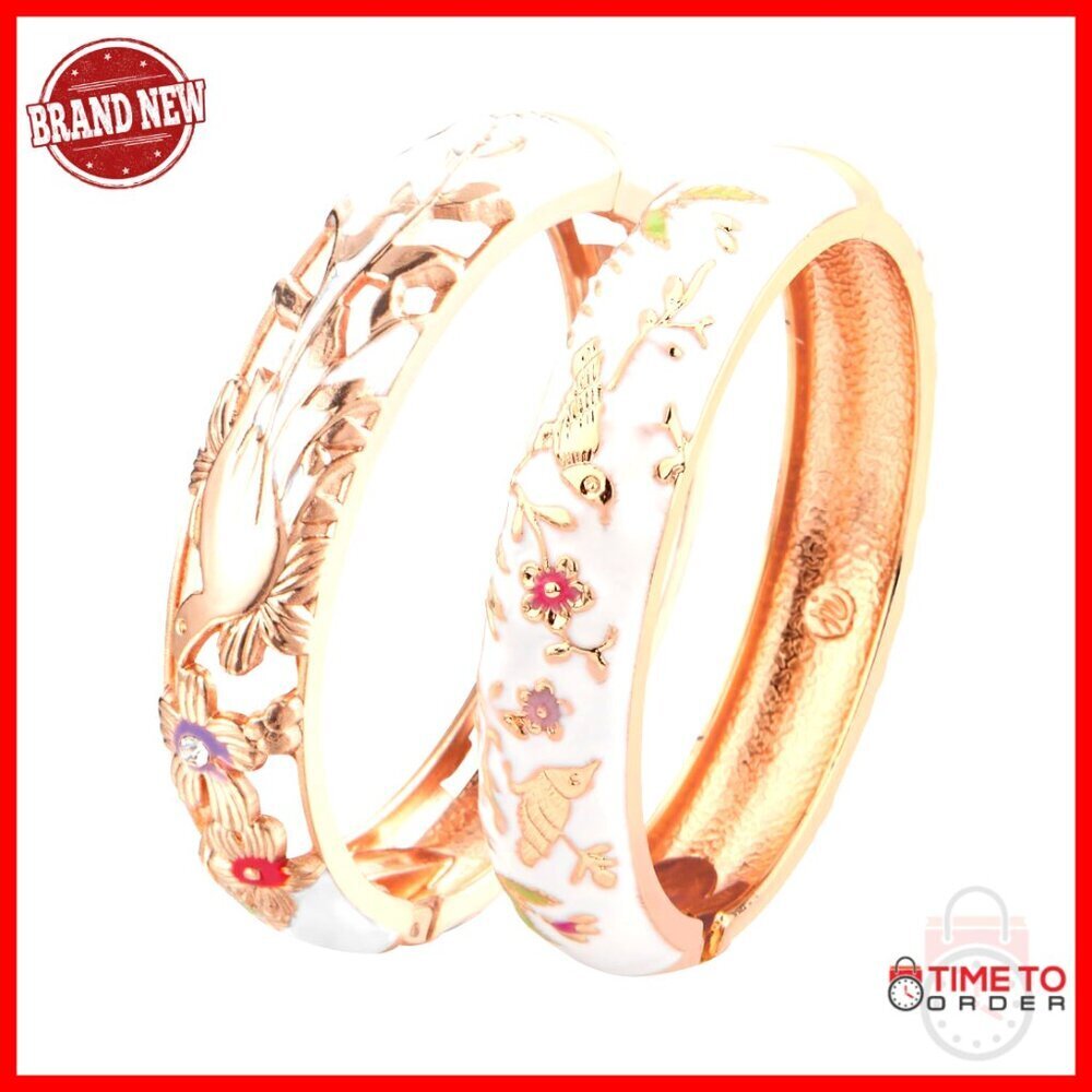 Cloisonne Enamel Hinge Cuff Bracelet Hollowed Bird Crystal Plated Elegant